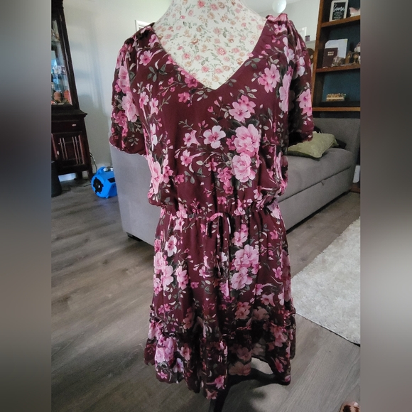 Crystal Doll Burgundy and Pink Floral Mini Dress/size Xl - Picture 1 of 7